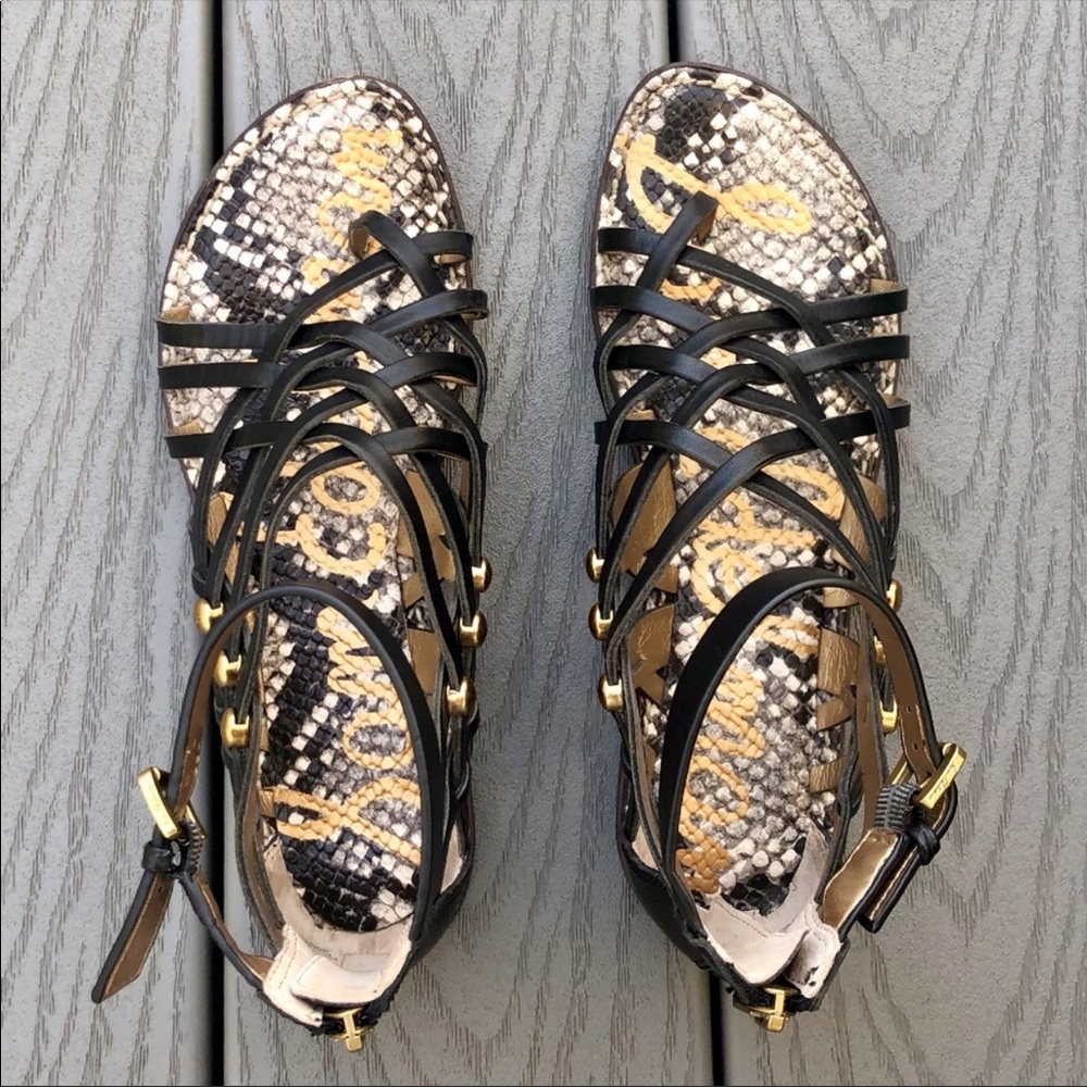 Black Snake Print Leather Caged Gladiator Sandals - Picture 2 of 6